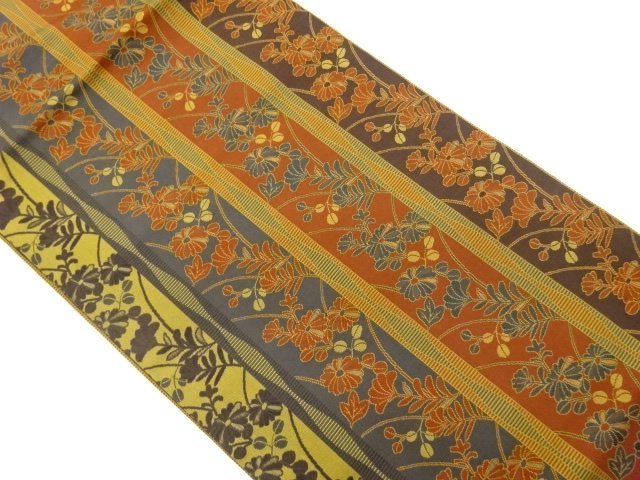 縞に草花模様織出し名古屋帯